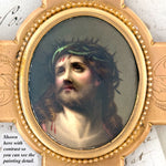 Antique French 10.5" Gilt Bronze Cross, Holy Water Font & HP Portrait of Christ on Porclelain