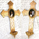 Antique French 10.5" Gilt Bronze Cross, Holy Water Font & HP Portrait of Christ on Porclelain