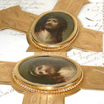 Antique French 10.5" Gilt Bronze Cross, Holy Water Font & HP Portrait of Christ on Porclelain