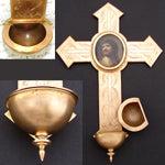 Antique French 10.5" Gilt Bronze Cross, Holy Water Font & HP Portrait of Christ on Porclelain