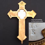 Antique French 10.5" Gilt Bronze Cross, Holy Water Font & HP Portrait of Christ on Porclelain