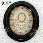 Lg Antique French Jeweled Relic, Agnus Dei Wax Medallion with Seed Pearls & Gilt Paperolle