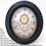Lg Antique French Jeweled Relic, Agnus Dei Wax Medallion with Seed Pearls & Gilt Paperolle