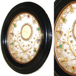 Lg Antique French Jeweled Relic, Agnus Dei Wax Medallion with Seed Pearls & Gilt Paperolle