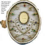 Lg Antique French Jeweled Relic, Agnus Dei Wax Medallion with Seed Pearls & Gilt Paperolle