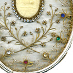 Lg Antique French Jeweled Relic, Agnus Dei Wax Medallion with Seed Pearls & Gilt Paperolle