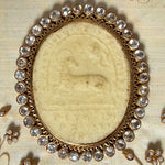 Lg Antique French Jeweled Relic, Agnus Dei Wax Medallion with Seed Pearls & Gilt Paperolle