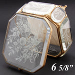 Antique French Napoleon III 6.5" Jewel Casket, Intaglio Etched Thick Beveled Glass Panels