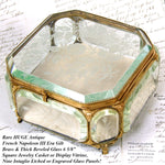 Antique French Napoleon III 6.5" Jewel Casket, Intaglio Etched Thick Beveled Glass Panels
