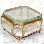 Antique French Napoleon III 6.5" Jewel Casket, Intaglio Etched Thick Beveled Glass Panels