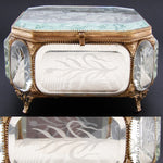 Antique French Napoleon III 6.5" Jewel Casket, Intaglio Etched Thick Beveled Glass Panels