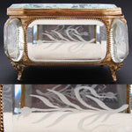 Antique French Napoleon III 6.5" Jewel Casket, Intaglio Etched Thick Beveled Glass Panels