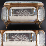 Antique French Napoleon III 6.5" Jewel Casket, Intaglio Etched Thick Beveled Glass Panels