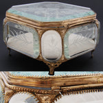 Antique French Napoleon III 6.5" Jewel Casket, Intaglio Etched Thick Beveled Glass Panels
