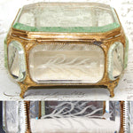 Antique French Napoleon III 6.5" Jewel Casket, Intaglio Etched Thick Beveled Glass Panels