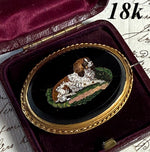 Antique Victorian Era Italian Curly Micro Mosaic Spaniel in 18k Gold Brooch Mount, Grand Tour Souvenir in Box