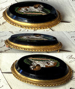 Antique Victorian Era Italian Curly Micro Mosaic Spaniel in 18k Gold Brooch Mount, Grand Tour Souvenir in Box
