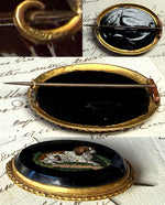 Antique Victorian Era Italian Curly Micro Mosaic Spaniel in 18k Gold Brooch Mount, Grand Tour Souvenir in Box