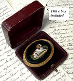 Antique Victorian Era Italian Curly Micro Mosaic Spaniel in 18k Gold Brooch Mount, Grand Tour Souvenir in Box