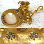 Antique French Gilt Brass & Mother of Pearl Chamberstick, "Bougeoir de Voyage", Coiled Snakes