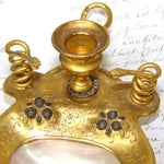 Antique French Gilt Brass & Mother of Pearl Chamberstick, "Bougeoir de Voyage", Coiled Snakes