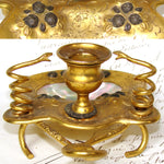 Antique French Gilt Brass & Mother of Pearl Chamberstick, "Bougeoir de Voyage", Coiled Snakes