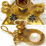 Antique French Gilt Brass & Mother of Pearl Chamberstick, "Bougeoir de Voyage", Coiled Snakes