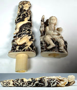 Unique Large Carved Antler with Figural Hunting Scenes, Black Forest Needle Case or Match Vesta