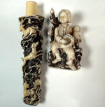 Unique Large Carved Antler with Figural Hunting Scenes, Black Forest Needle Case or Match Vesta