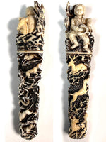 Unique Large Carved Antler with Figural Hunting Scenes, Black Forest Needle Case or Match Vesta