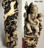 Unique Large Carved Antler with Figural Hunting Scenes, Black Forest Needle Case or Match Vesta