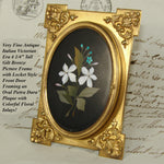 Antique Italian Victorian Era Pietra Dura & Gilt Bronze 4.25" Picture Frame, Floral Inlay