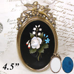 Antique Italian Victorian Era Pietra Dura & Gilt Bronze 4.5" Picture Frame, Floral Inlay