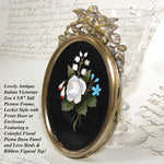 Antique Italian Victorian Era Pietra Dura & Gilt Bronze 4.5" Picture Frame, Floral Inlay