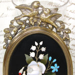 Antique Italian Victorian Era Pietra Dura & Gilt Bronze 4.5" Picture Frame, Floral Inlay