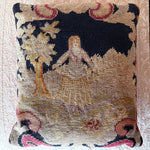 Antique Figural Pastoral French Needlepoint Made up as a Throw Pillow, Feather and Down Fill