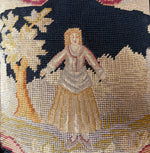Antique Figural Pastoral French Needlepoint Made up as a Throw Pillow, Feather and Down Fill