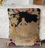 Antique Figural Pastoral French Needlepoint Made up as a Throw Pillow, Feather and Down Fill
