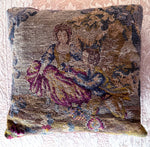 Antique Figural and Pastoral French Needlepoint Fragment is a Petit Throw Pillow, Down and Feather Fill