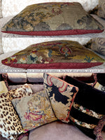 Antique Figural and Pastoral French Needlepoint Fragment is a Petit Throw Pillow, Down and Feather Fill