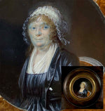 Superb ID'd Antique c. 1790-1810 French Portrait Miniature of Woman in Lace Bonnet with Fichu, Chair Visible