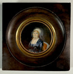 Superb ID'd Antique c. 1790-1810 French Portrait Miniature of Woman in Lace Bonnet with Fichu, Chair Visible