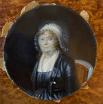 Superb ID'd Antique c. 1790-1810 French Portrait Miniature of Woman in Lace Bonnet with Fichu, Chair Visible
