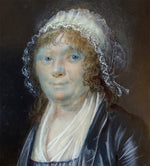 Superb ID'd Antique c. 1790-1810 French Portrait Miniature of Woman in Lace Bonnet with Fichu, Chair Visible