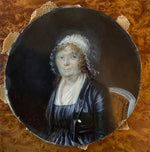 Superb ID'd Antique c. 1790-1810 French Portrait Miniature of Woman in Lace Bonnet with Fichu, Chair Visible
