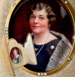 Antique Edwardian to Belle Epoch Portrait Miniature in Cased Pearl Jewel Frame, Marcel Hair, Fur & Diamond Star Brooch