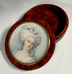 Large Fine Portrait Miniature of Princess Lamballe Tops a Burl Wood Powder Jar, Dates Late 19th Century