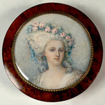 Large Fine Portrait Miniature of Princess Lamballe Tops a Burl Wood Powder Jar, Dates Late 19th Century
