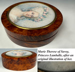 Large Fine Portrait Miniature of Princess Lamballe Tops a Burl Wood Powder Jar, Dates Late 19th Century