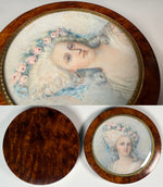 Large Fine Portrait Miniature of Princess Lamballe Tops a Burl Wood Powder Jar, Dates Late 19th Century
